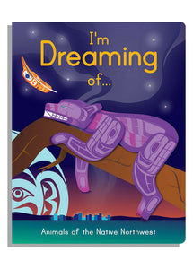 A board book cover depicting a purple bear sleeping on a log, with a moon and night sky in the background.