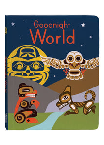 A board book cover with a brightly coloured formline sun, owl, wolf, and bear frolicking amid a simple mountain and river landscape.