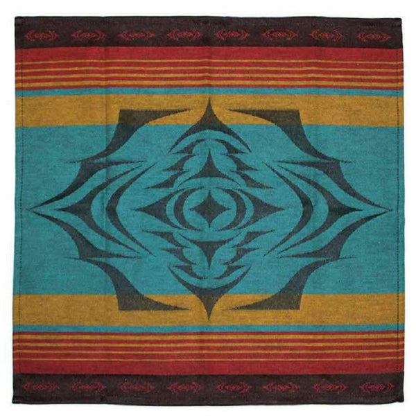 Woven napkins with with red, yellow, and teal striped with black borders;  a black starburst-shaped formline design is overlaid on top.