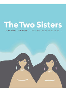 Book cover with two minimally illustrated girls with flowing black hair and brown clothes, on a blue background.