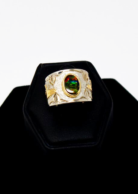 Hummingbird Sterling Silver + Gold Ammolite Ring