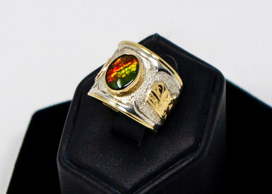 Wolf Sterling Silver + Gold Ammolite Ring