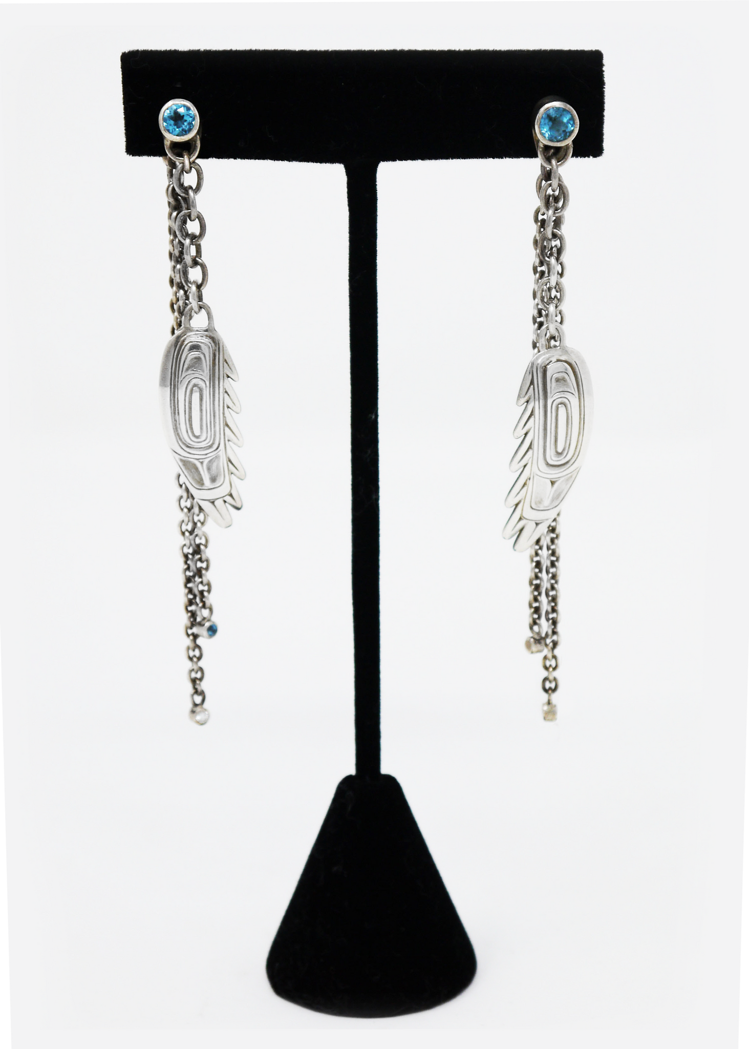 Silver, Diamond + Topaz Hanging Feather Earrings