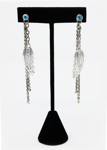 Silver, Diamond + Topaz Hanging Feather Earrings